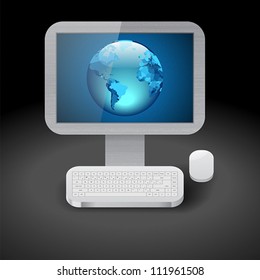 Icon for personal computer with blue Earth on display. Dark background. Vector saved as eps-10, file contains objects with transparency.