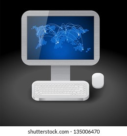 Icon for personal computer with blue global communications world map on display. Dark background. Vector saved as eps-10, file contains objects with transparency.
