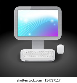Icon for personal computer with blue and purple wallpaper on display. Dark background. Vector saved as eps-10, file contains objects with transparency.