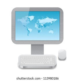 Icon for personal computer with blue world map on display. White background. Vector saved as eps-10, file contains objects with transparency.