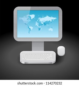 Icon for personal computer with blue world map on display. Dark background. Vector saved as eps-10, file contains objects with transparency.