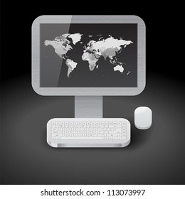 Icon for personal computer with grayscale world map on display. Dark background. Vector saved as eps-10, file contains objects with transparency.