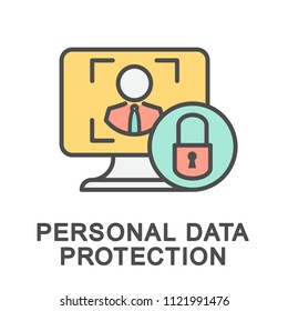 Icon personal data protection. System of personal data protection on the computer. The thin contour lines with color fills.