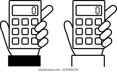 Icon of person's hand holding calculator with number zero entered