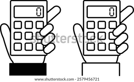 Icon of person's hand holding calculator with number zero entered