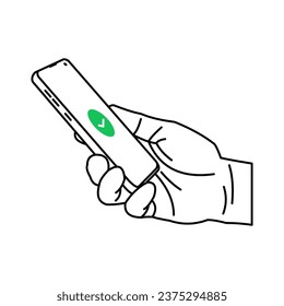 icon of a person's hand holding a smartphone after completing a wireless payment transaction. with NFC, scan QR code, for promo payments. vector illustration