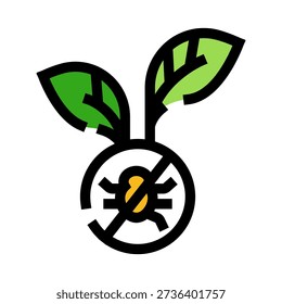 Icon of pest control shield protecting seedling from insects, symbolizing organic, chemical free farming, sustainable crop protection, healthy growth and eco friendly agriculture practices