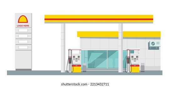 Icon petrol station store art modern element map road sign symbol logo famous identity city style shop urban 3d flat building street isolated yellow red background design vector template illustration