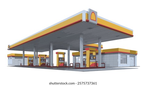 Icon petrol station store art modern element map road sign symbol logo famous identity city area style shop urban 3d flat oil building street isolated yellow red design vector
