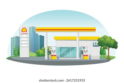 Icon petrol station store art modern element map road sign symbol logo famous identity city style shop urban 3d flat building street isolated yellow red background design vector template illustration
