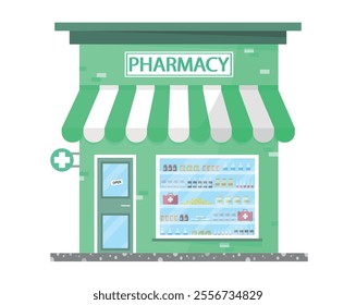 Icon of a pharmacy building with various medicines on display. Banner for World Pharmacist Day.