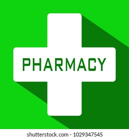 An icon for pharmacy with a white cross on green background and the write Pharmacy inside it - vector