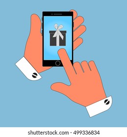 Icon phone in hand, on-screen box, gift, isolate on blue background. Stylish vector illustration for web design.