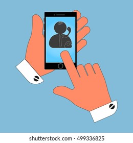 Icon phone in his hand on the operator screen, the source, isolation on a blue background. Stylish vector illustration for web design.