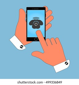 Icon phone in his hand on the phone screen, isolate on blue background. Stylish vector illustration for web design.