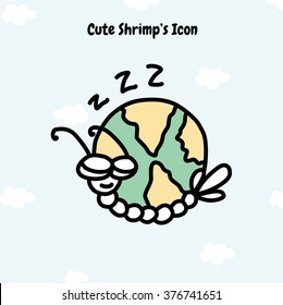 Icon for phone, mobile, tablet, desktop. Cute sea sleeping shrimp with earth on sky and clouds background, perfect for sign Browser. Element for design, sticker, smile. Doodle hand drawn cartoon style