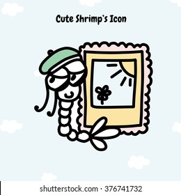Icon for phone, mobile, tablet, desktop. Cute sea shrimp with picture on sky and clouds background. Sign of gallery. Element for design, sticker, smile. Doodle hand drawn cartoon style