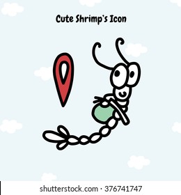 Icon for phone, mobile, tablet, desktop. Cute sea shrimp with backpack on sky and clouds background. Sign of place. Element for design, sticker, smile. Doodle hand drawn cartoon style
