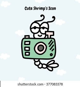 Icon for phone, mobile, tablet, desktop. Cute sea shrimp with photo camera on sky and clouds background. Element for design, sticker, smile. Doodle hand drawn cartoon style