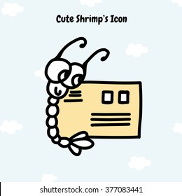 Icon for phone, mobile, tablet, desktop. Cute sea shrimp with envelop on sky and clouds background. Sign of post, email. Element for design, sticker, smile. Doodle hand drawn cartoon style 