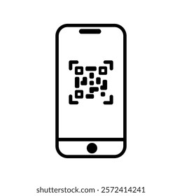 Icon of a phone scanning qr code scanner. Smartphone qr code scanner outline vector linear illustration isolated on white background