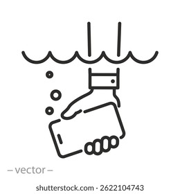 icon of phone underwater, wet mobile in hand, waterproof smartphone, thin line web symbol on white background - editable stroke vector illustration eps10