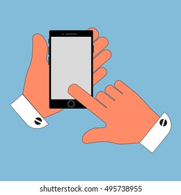 Icon phone with white screen in the hands on a blue background. Stylish vector illustration for web design