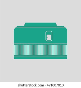 Icon of photo camera 50 mm lens. Gray background with green. Vector illustration.