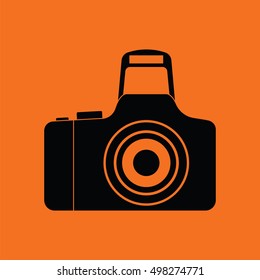Icon of photo camera. Orange background with black. Vector illustration.