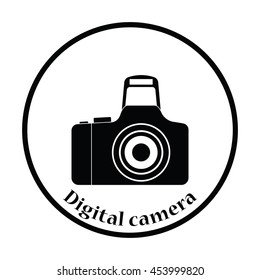 Icon of photo camera. Thin circle design. Vector illustration.