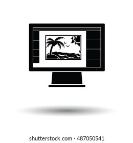 Icon of photo editor on monitor screen. White background with shadow design. Vector illustration.
