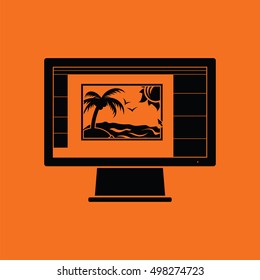 Icon of photo editor on monitor screen. Orange background with black. Vector illustration.
