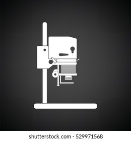 Icon of photo enlarger. Black background with white. Vector illustration.