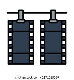 Icon Of Photo Film Drying On Rope With Clothespin. Editable Bold Outline With Color Fill Design. Vector Illustration.
