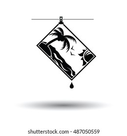 Icon of photograph drying on rope. White background with shadow design. Vector illustration.