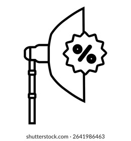  icon of a photography softbox light featuring a discount badge with a percent symbol, in a clean outline style.