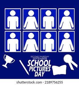 Icon Photos Containing People's Icons With Several Icons Such As Trophy, Pencil, Ribbon And Book With Bold Text On Dark Blue Background To Celebrate National School Pictures Day On September 8