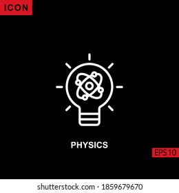 Icon physics with atom molecular and lamp vector on black background. Illustration line, linear, outline and lineal icon for graphic, print media interfaces and web design.