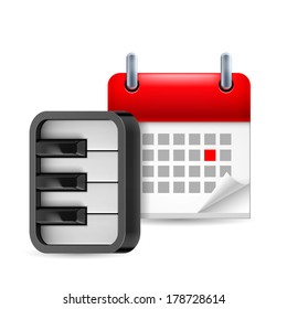 Icon of piano and calendar with marked day. Music event 