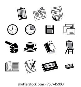Icon Pictogram, Office Supplies, Clipboard, Form, Papers, Clock, Diskette, Slides, Hands Indicating, Cup, Binder, Flip Chart, Book, Cassette Tape, Video Tape. Ideal For Catalogs And Information