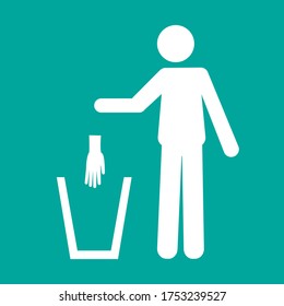 Icon pictogram of a person throwing a protective glove in a trash can. Coronavirus, COVID-19 virus waste. Flat vector illustration
