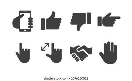 Icon pictogram set of hands with technology symbol, okay sign and thumbs down, handshake and other gestures