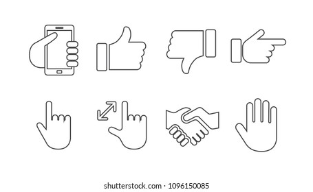 Icon pictogram set of hands with technology symbol, okay sign and thumbs down, handshake and other gestures