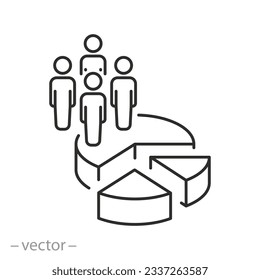 icono de gráfico circular con personas, proporción de la población, cantidad y porcentaje humano, símbolo de línea delgada - ilustración del vector de trazo editable