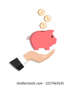 Icon piggy bank in hand in the style of flat. Vector. Isolated on white background.