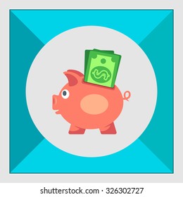 Icon of piggy bank with stuck dollar banknotes