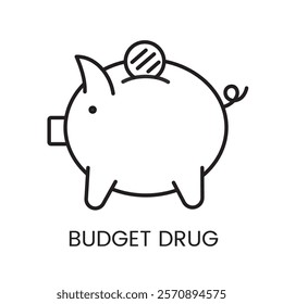 An icon of a piggy bank in vector, representing drug cost savings, with an editable stroke.