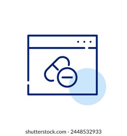  Icon with pills, tablets and browser page. Computer screen, online pharmacy, medication shopping services. Vector icon