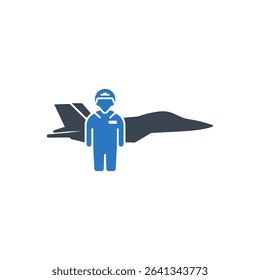 Icon of a pilot standing beside a jet aircraft