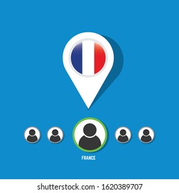 Icon pin illustration with France country flag stylized in the circle